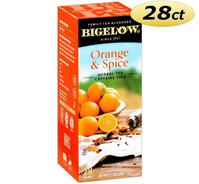 Bigelow Orange & Spice Herb Tea Bags 28 ct. Box | Naturally Caffeine Free Spicy Orange Flavored Hot Beverage Drink.