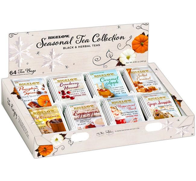 Bigelow Seasonal Assortment Tea Tray. 64 Black and Herbal Tea Flavors, Eggnog, Pumpkin, Peppermint, Ginger, Caramel, Apple, Cinnamon, Cranberry.
