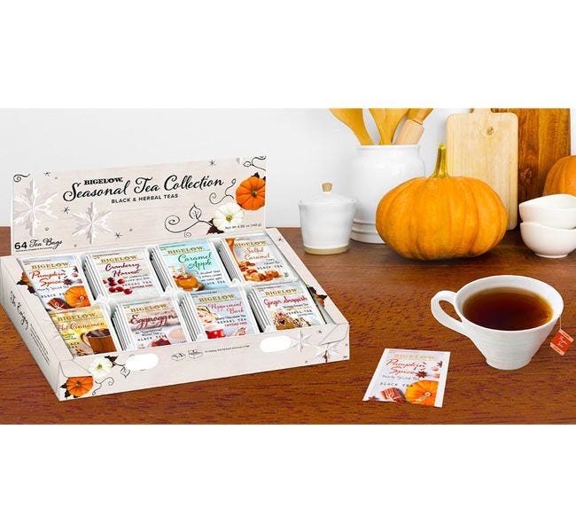 Bigelow Seasonal Tea Collection Gift Tray. 64 Herbal and Black Tea Bags, 8 Holiday Flavors.