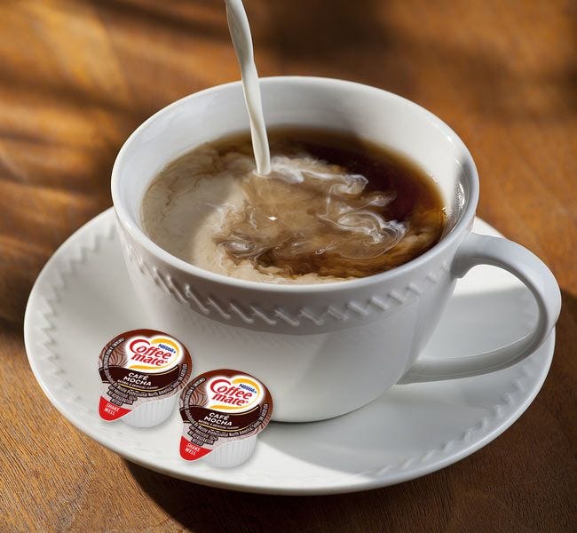 Cafe Mocha Chocolate Coffee-mate 180 cups. Nestle Chocolate Flavored Kosher Non Dairy Coffee Creamer. No Refrigeration Needed.