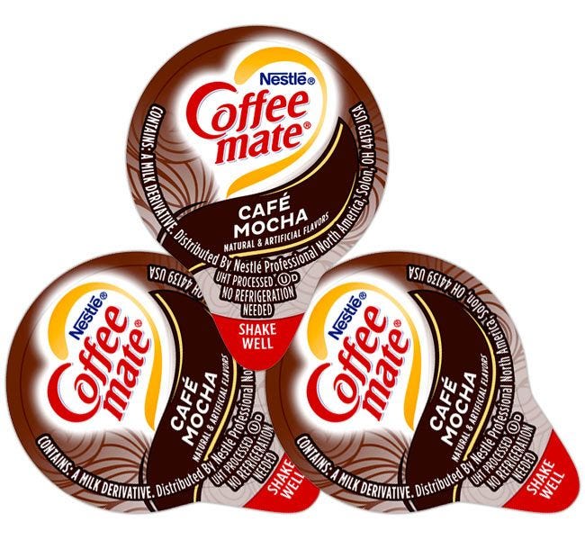 Cafe Mocha Chocolate Coffeemate Creamer 180 Servings. Nestle Chocolate Cafe Mocha Flavored Individual Non-Dairy Creamer Foodservice Case, Kosher. 