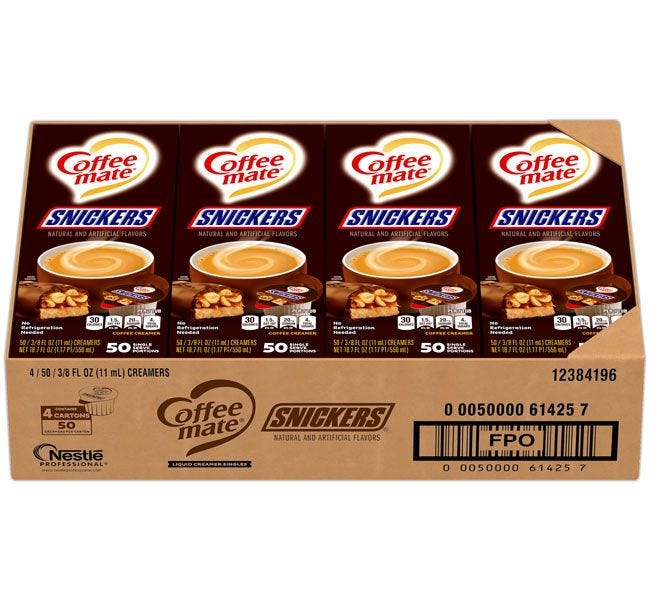 Coffee-mate Snickers Creamer Case, 4 / 50 ct. Gravity Fed Dispenser Boxes, Chocolate, Nut, Caramel Candy Bar Flavor.