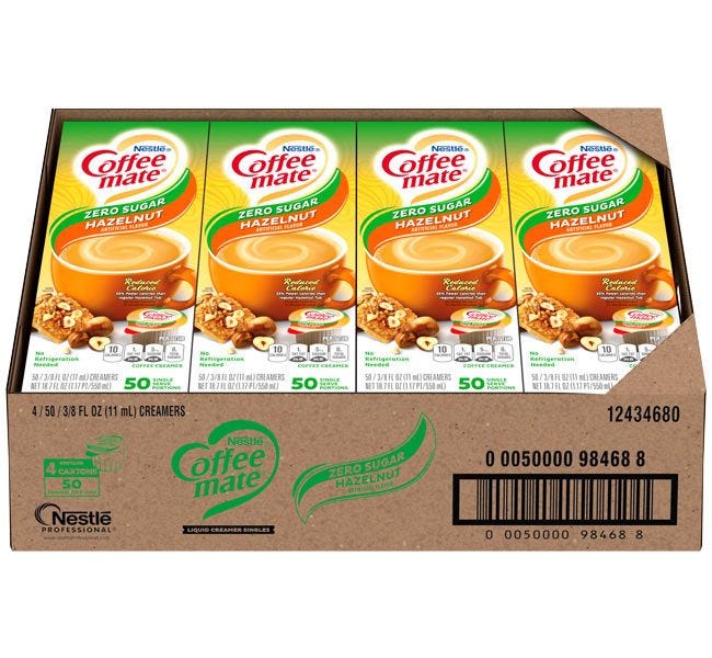 Coffee-mate Zero Sugar Free Hazelnut Creamer Case, 4 / 50 ct. Gravity Fed Dispenser Boxes.