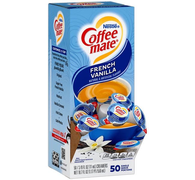 French Vanilla Coffee-mate 50 ct. Dispenser | Office Coffee Service 50 count flavored creamer Box