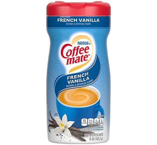 French Vanilla Flavored Coffee-mate Creamer Canisters, 15 oz. Non-Dairy Powdered Creamer Canister, Kosher, Gluten Free.