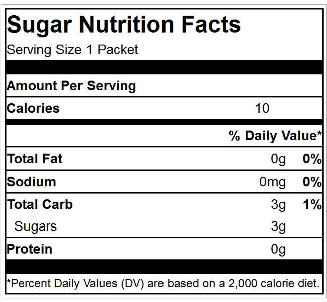 Granulated Sugar Packet Nutrition Facts Ingredients | 100% Pure Cane Sugar, Kosher, 1 Packet Equals 10 Calories, Total Carbs 3g, Sugars 3g.