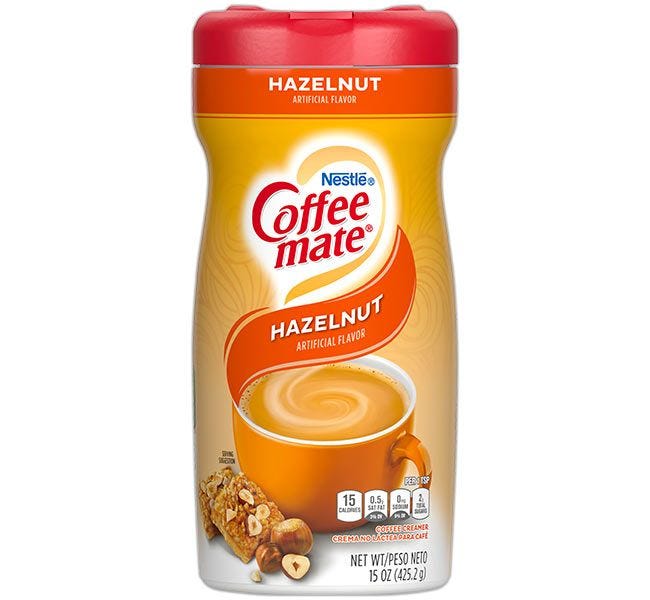 Hazelnut Flavored Coffee-mate Creamer Canisters, 15 oz. Non-Dairy Powdered Creamer Canister, Kosher, Gluten Free.