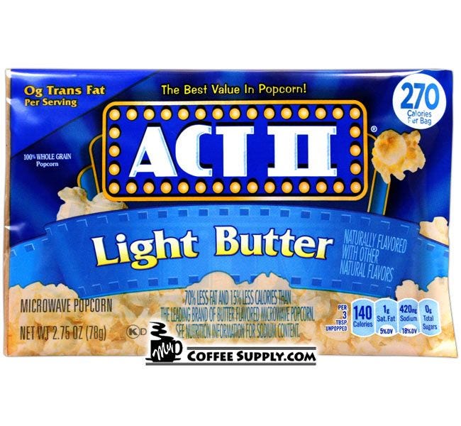 Light Butter Act II Microwave Popcorn Bag | Gluten Free, 140 Calories, 100% Whole Grain, 0g Trans Fat, 36 ct. Case.