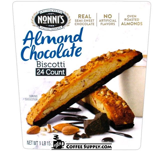 Nonni Almond Chocolate Biscotti Snack, real Semi-Sweet Chocolate with Oven Roasted Almonds.