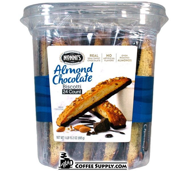 Nonni's Almond Chocolate Biscotti 24 ct. Tub, 40% Recycled PET Plastic, Individually Wrapped for Freshness.