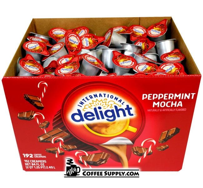 Peppermint Mocha Flavored Coffee Creamer Food Service Bulk 192 ct. Case, Restaurants, Catering, X-mas, Holiday Events.