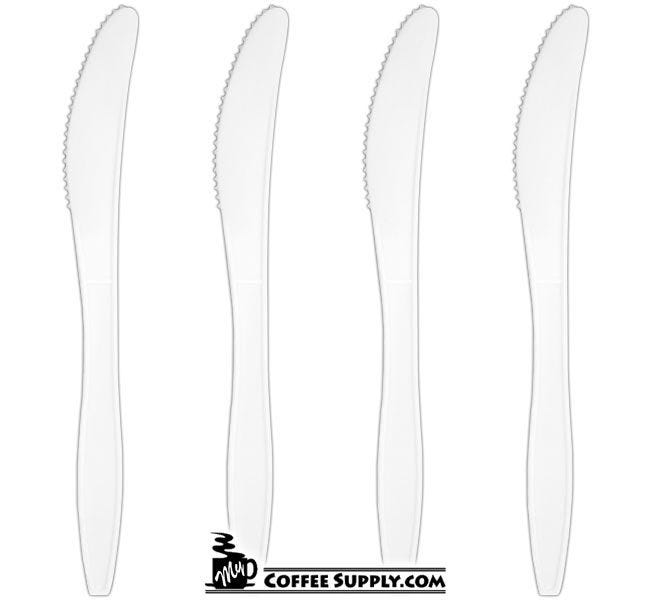 Plastic Knives Cutlery Medium Weight Tableware, 1,000 bulk case, eating, cutting, knife, food service, restaurant, drive thru packaging, break room, catering, cafeteria, kitchen.