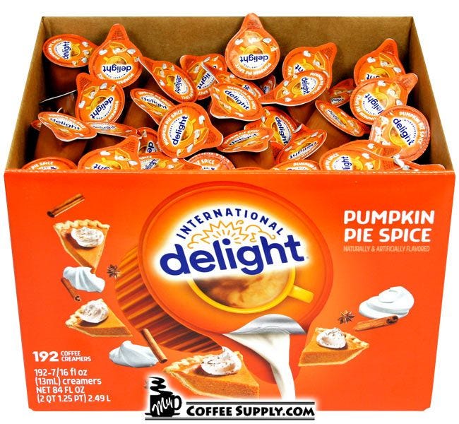 Pumpkin Pie Spice Flavored Coffee Creamer Food Service Bulk 192 ct. Case, Restaurants, Catering, Holiday Events.