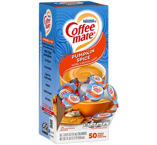 Pumpkin Spice Nestle Coffee-mate seasonal, non-dairy creamer 50 count boxes for the holidays. 
